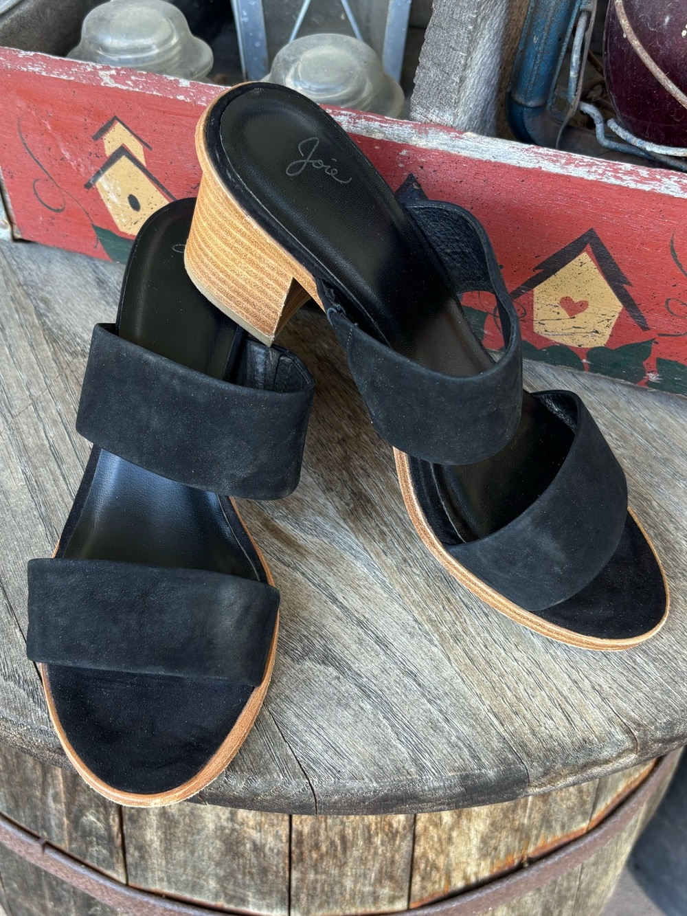Joie Maha Black Suede Two-Band Stacked Heel‎ Mule Slide Sandals